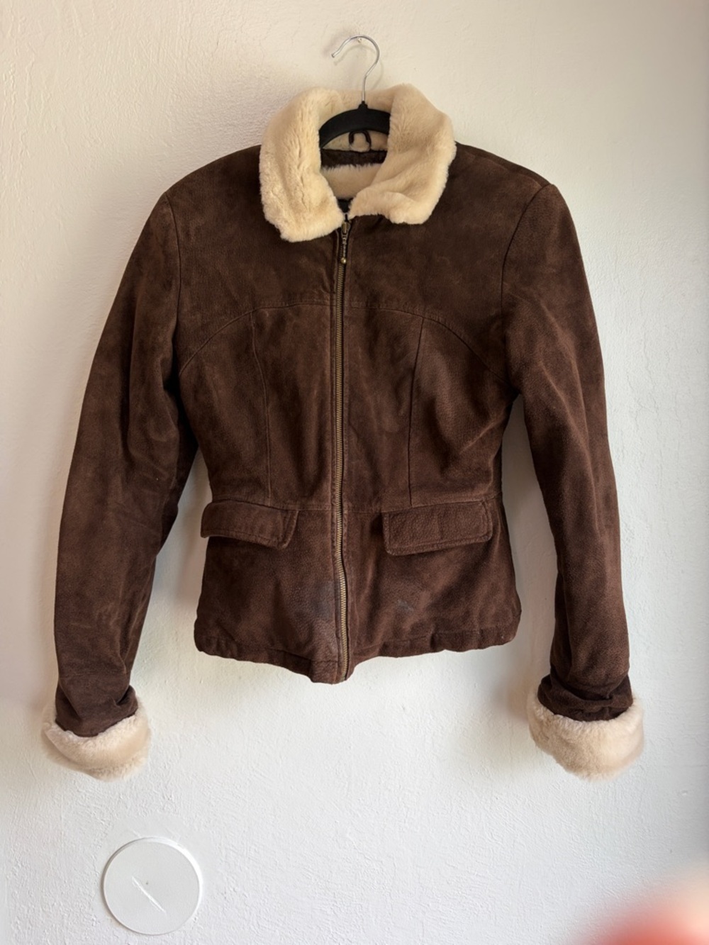 Y2K leather suede bomber jacket with fuzzy lining size small